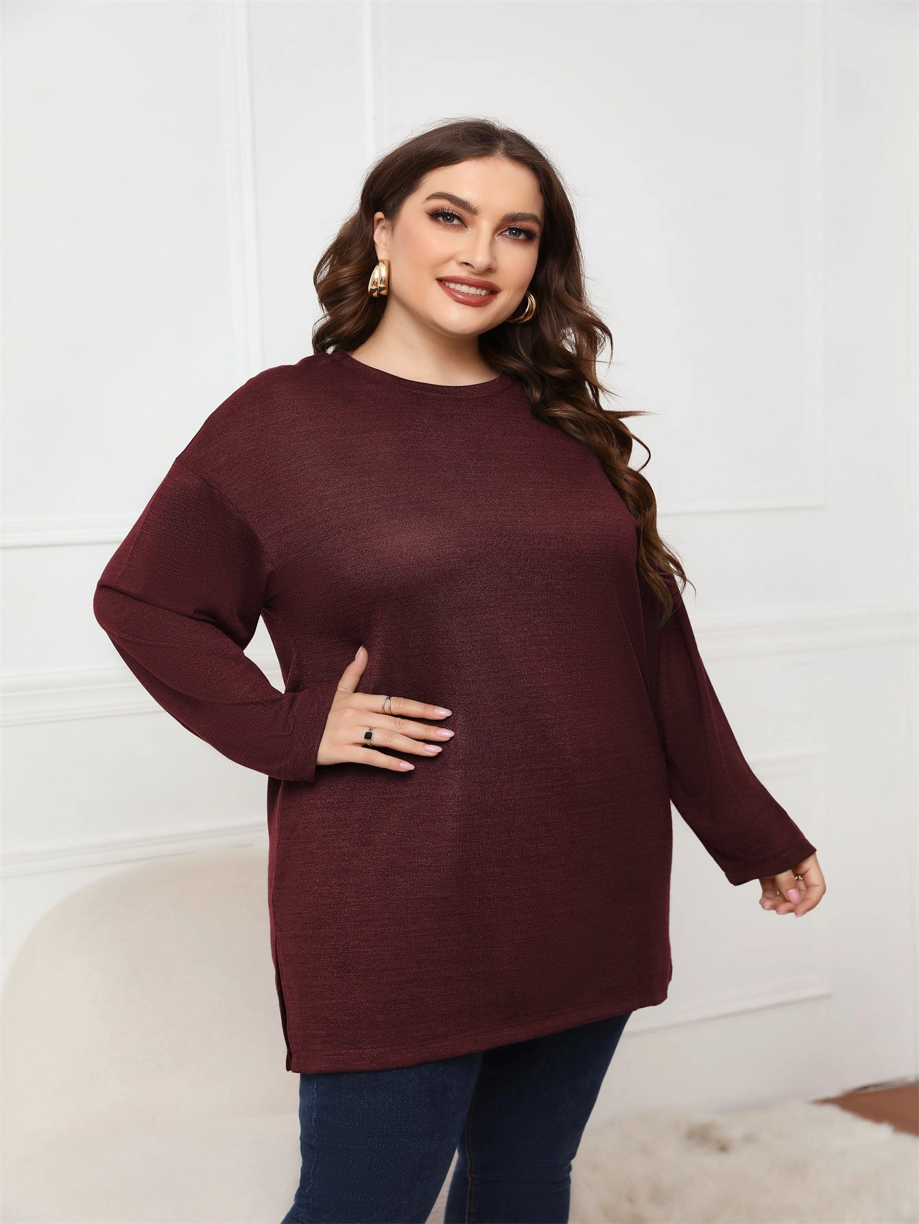 KittenAlarm - Plus Size Long Sleeve Round Neck Long Top Blouse