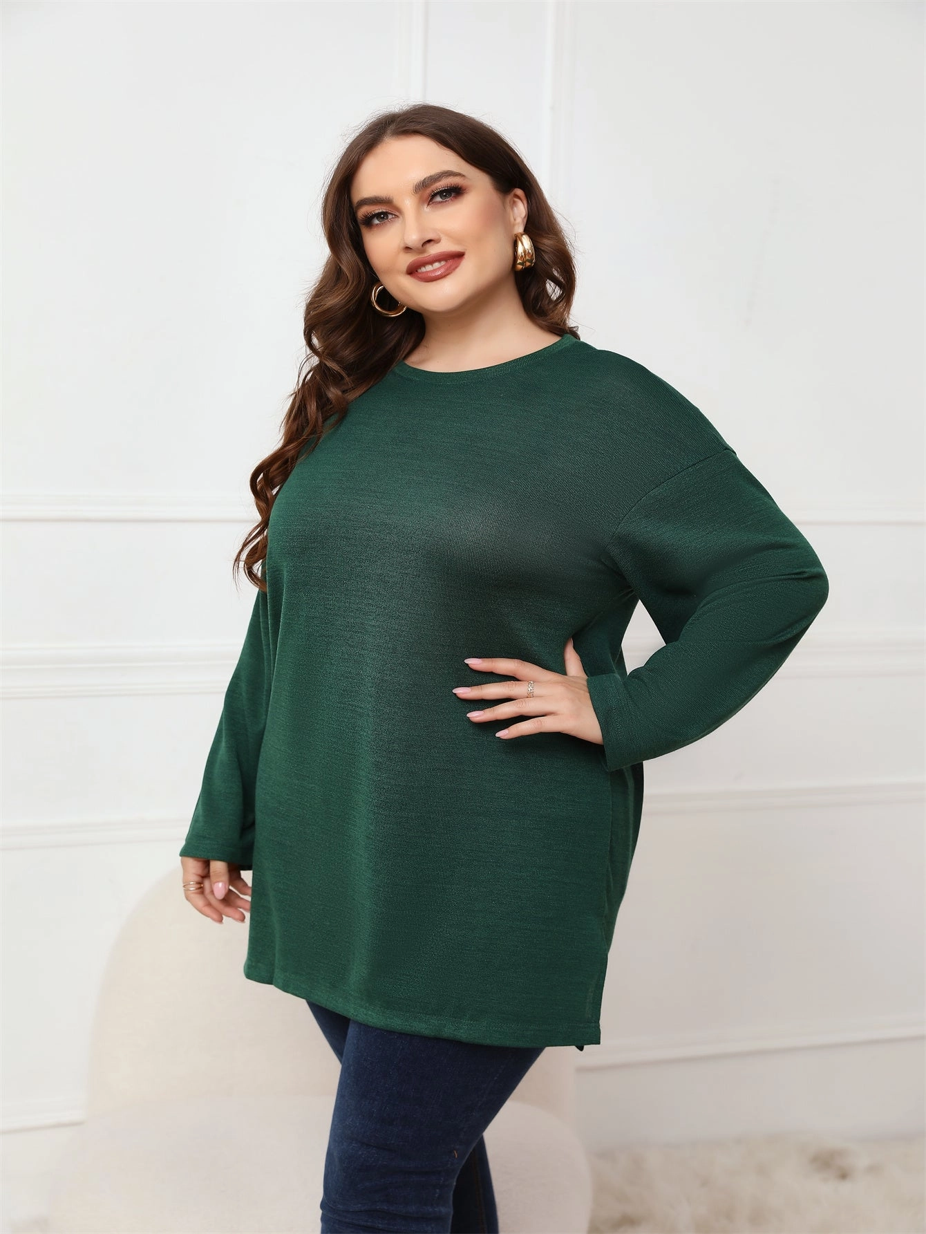 KittenAlarm - Plus Size Long Sleeve Round Neck Long Top Blouse