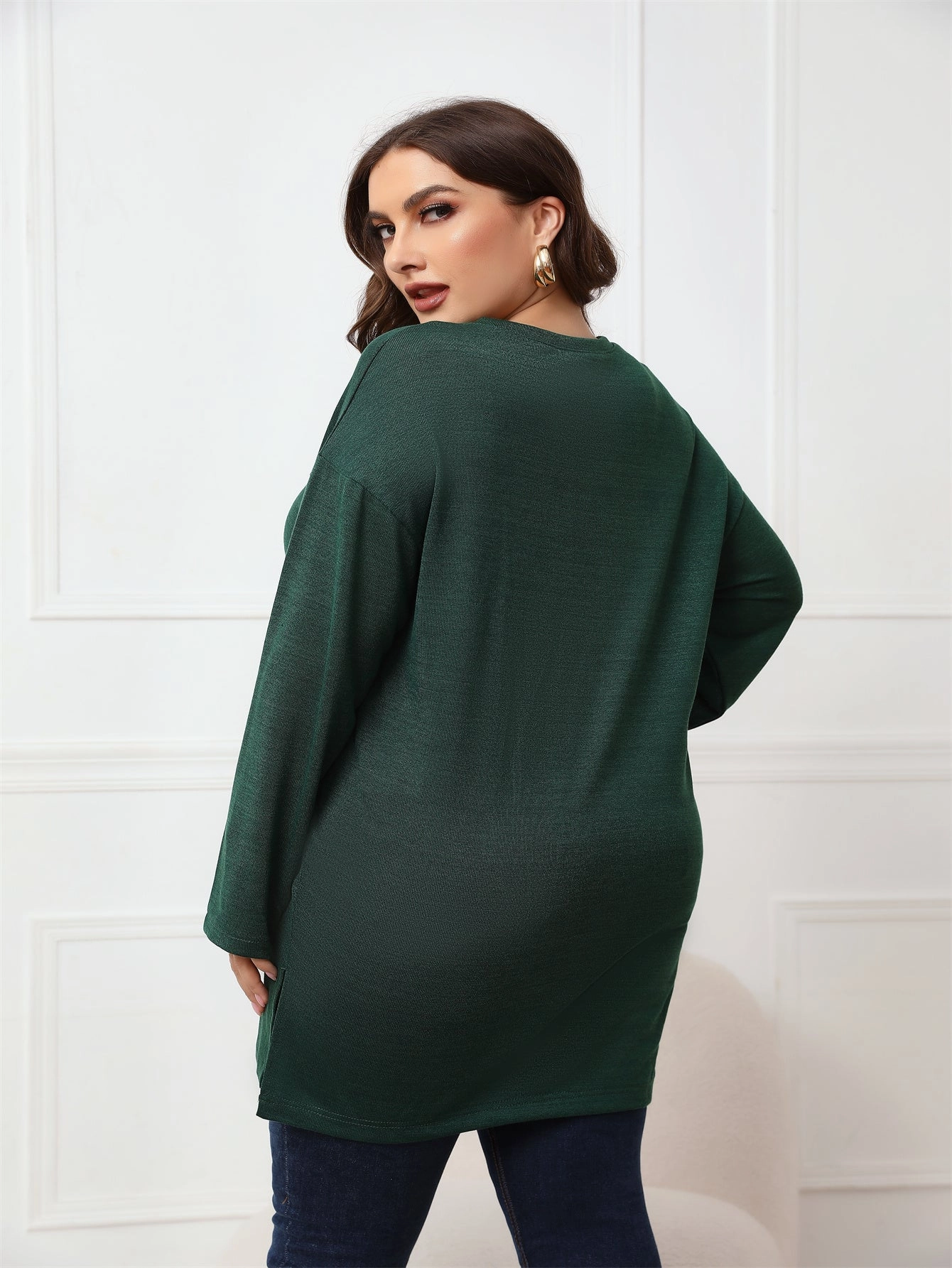 KittenAlarm - Plus Size Long Sleeve Round Neck Long Top Blouse