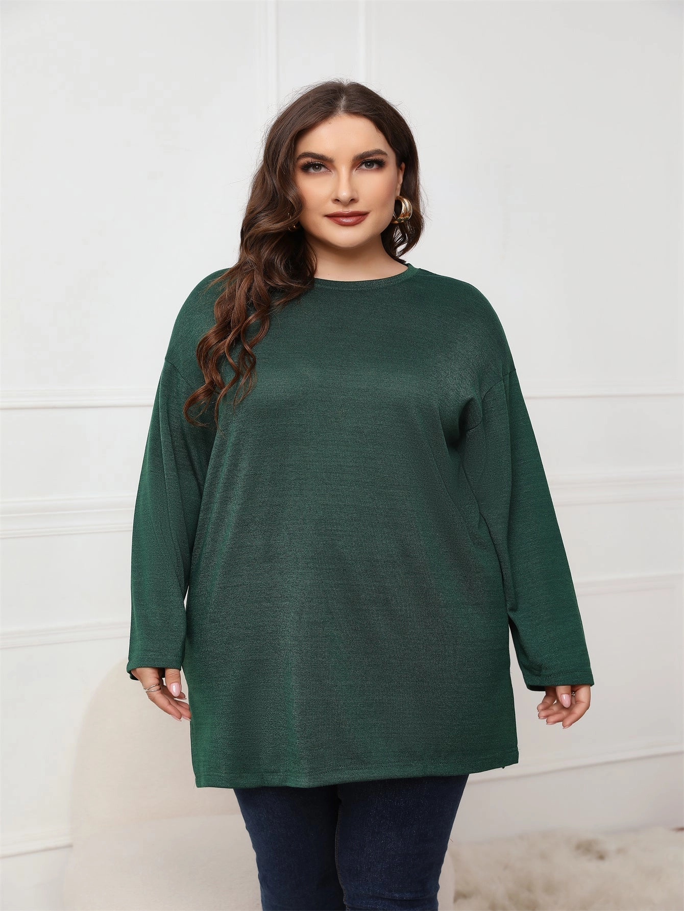 KittenAlarm - Plus Size Long Sleeve Round Neck Long Top Blouse