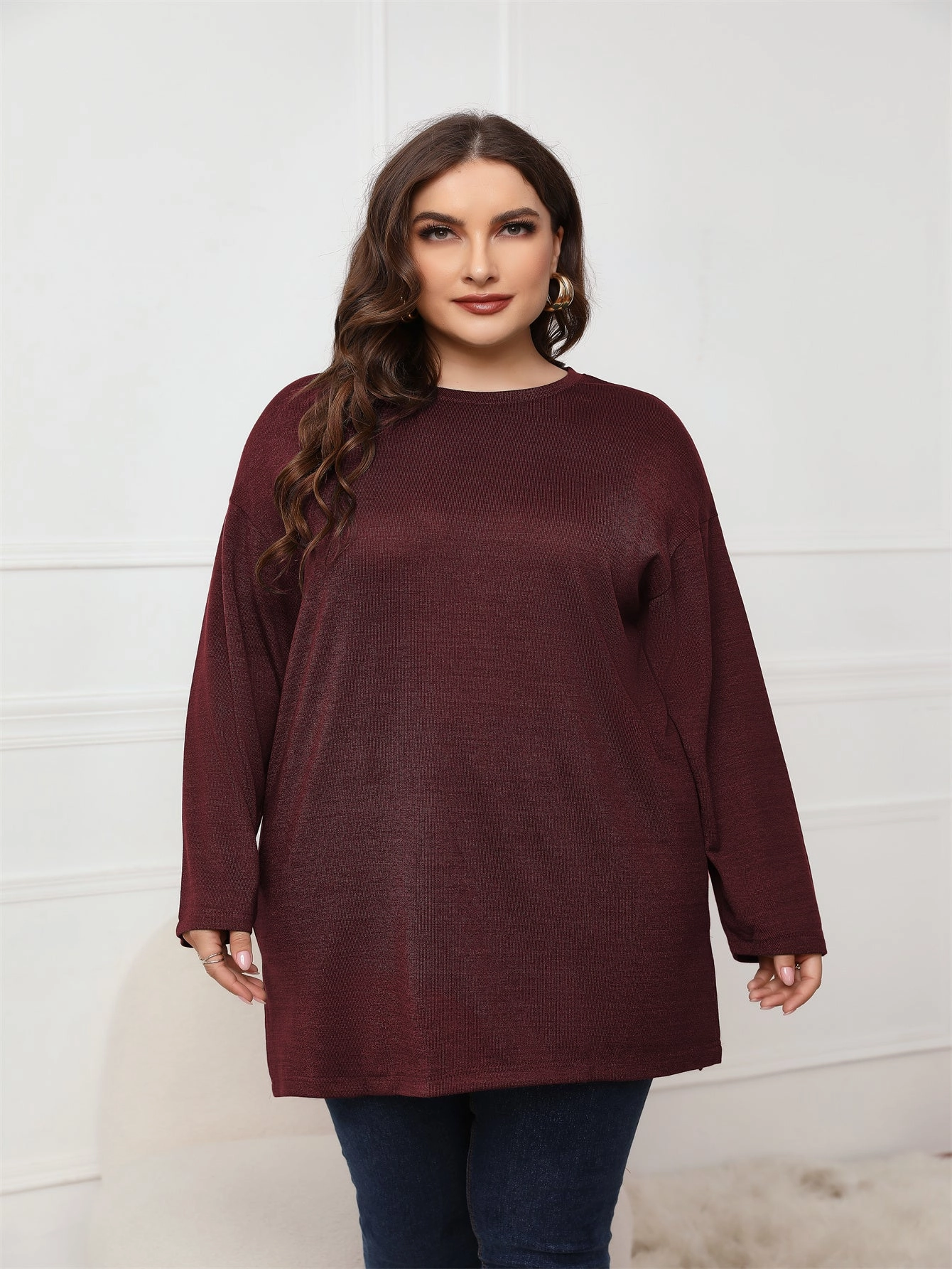 KittenAlarm - Plus Size Long Sleeve Round Neck Long Top Blouse