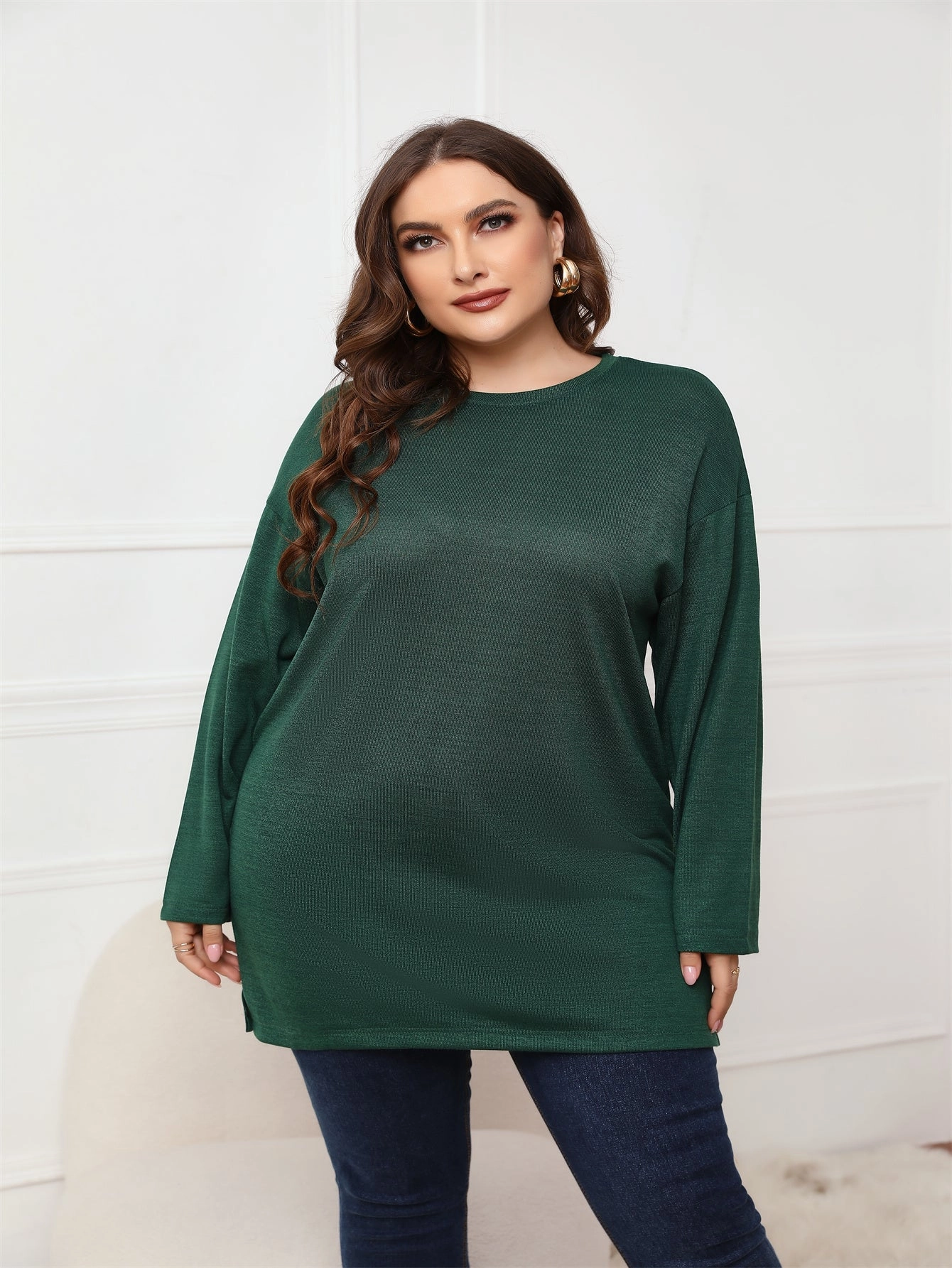KittenAlarm - Plus Size Long Sleeve Round Neck Long Top Blouse