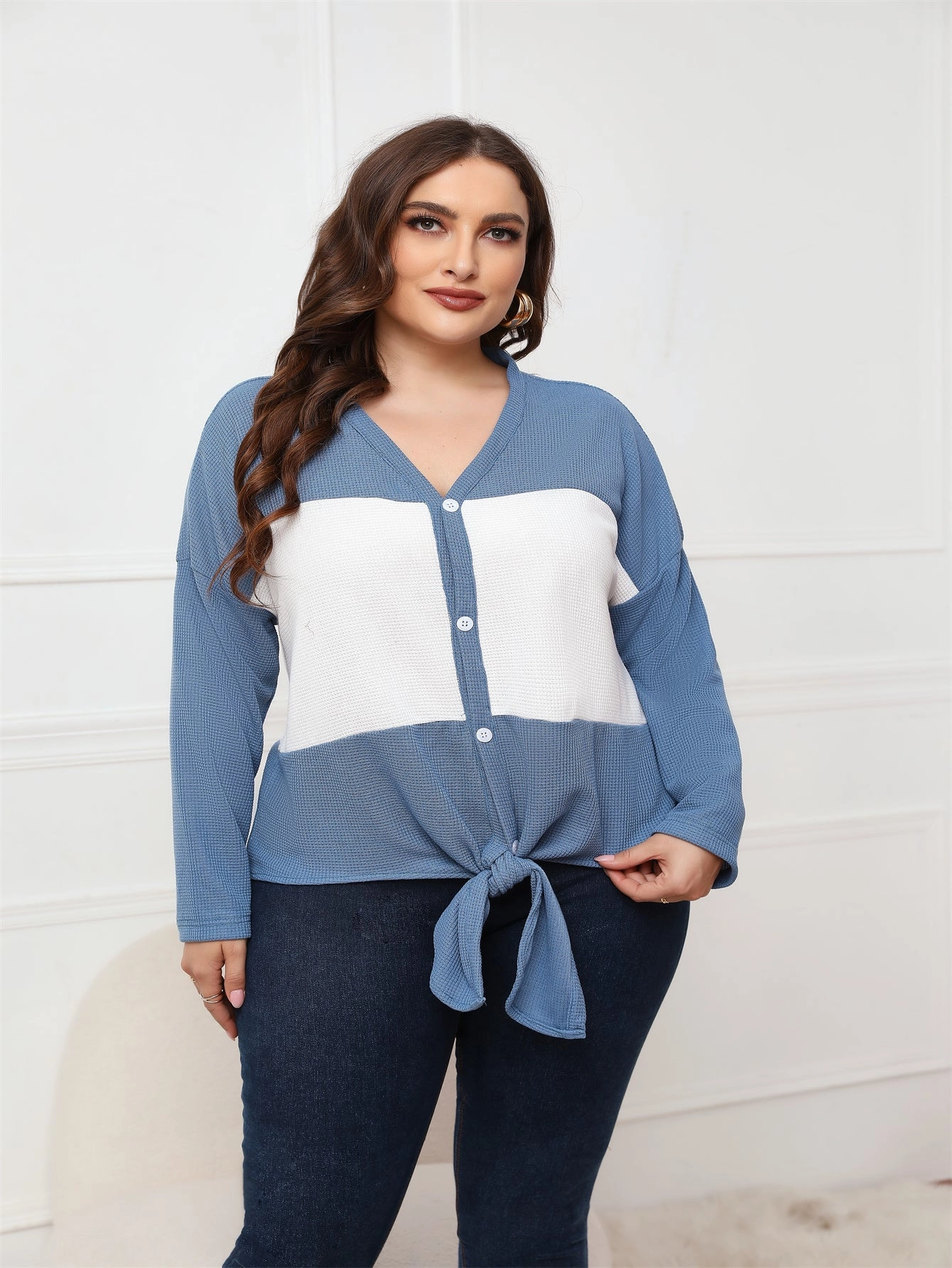 KittenAlarm - Plus Size Tops Long Sleeve V Neck Waffle Knit Tunic Blouse Tie Front Button Up T Shirts