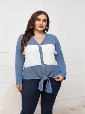 KittenAlarm - Plus Size Tops Long Sleeve V Neck Waffle Knit Tunic Blouse Tie Front Button Up T Shirts