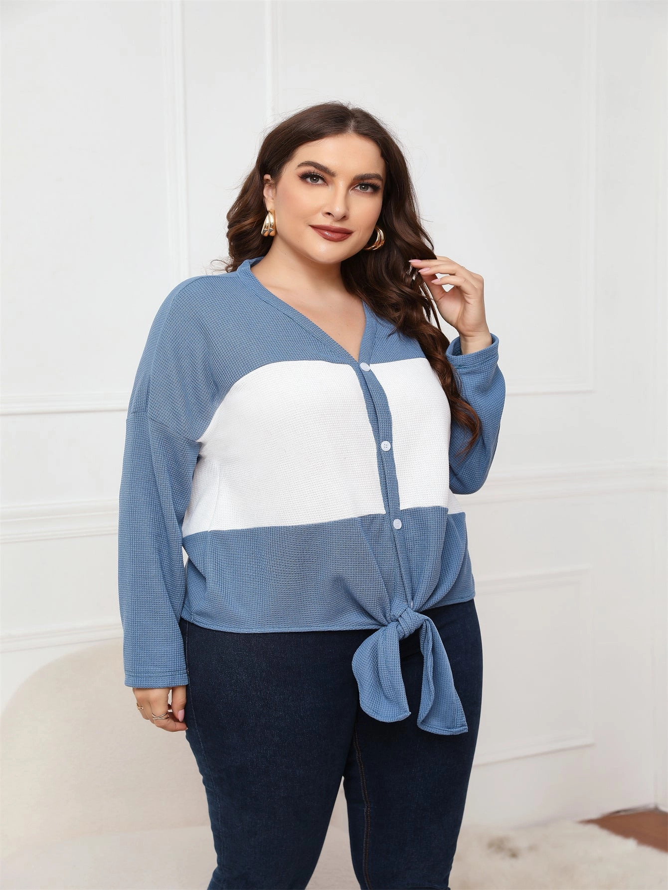 KittenAlarm - Plus Size Tops Long Sleeve V Neck Waffle Knit Tunic Blouse Tie Front Button Up T Shirts