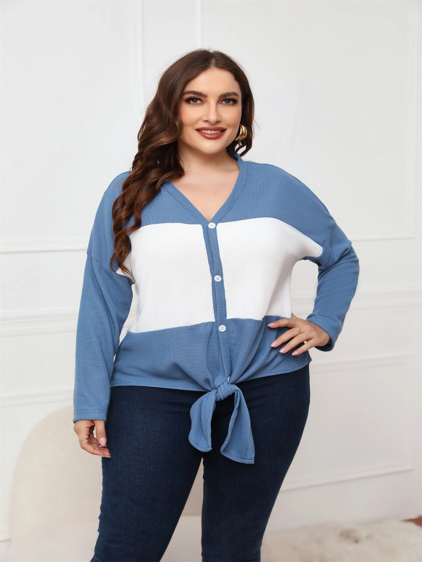 KittenAlarm - Plus Size Tops Long Sleeve V Neck Waffle Knit Tunic Blouse Tie Front Button Up T Shirts