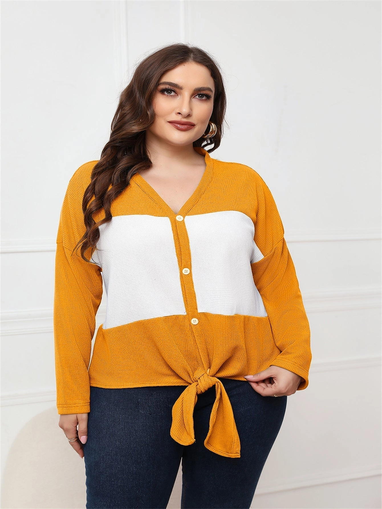 KittenAlarm - Plus Size Tops Long Sleeve V Neck Waffle Knit Tunic Blouse Tie Front Button Up T Shirts