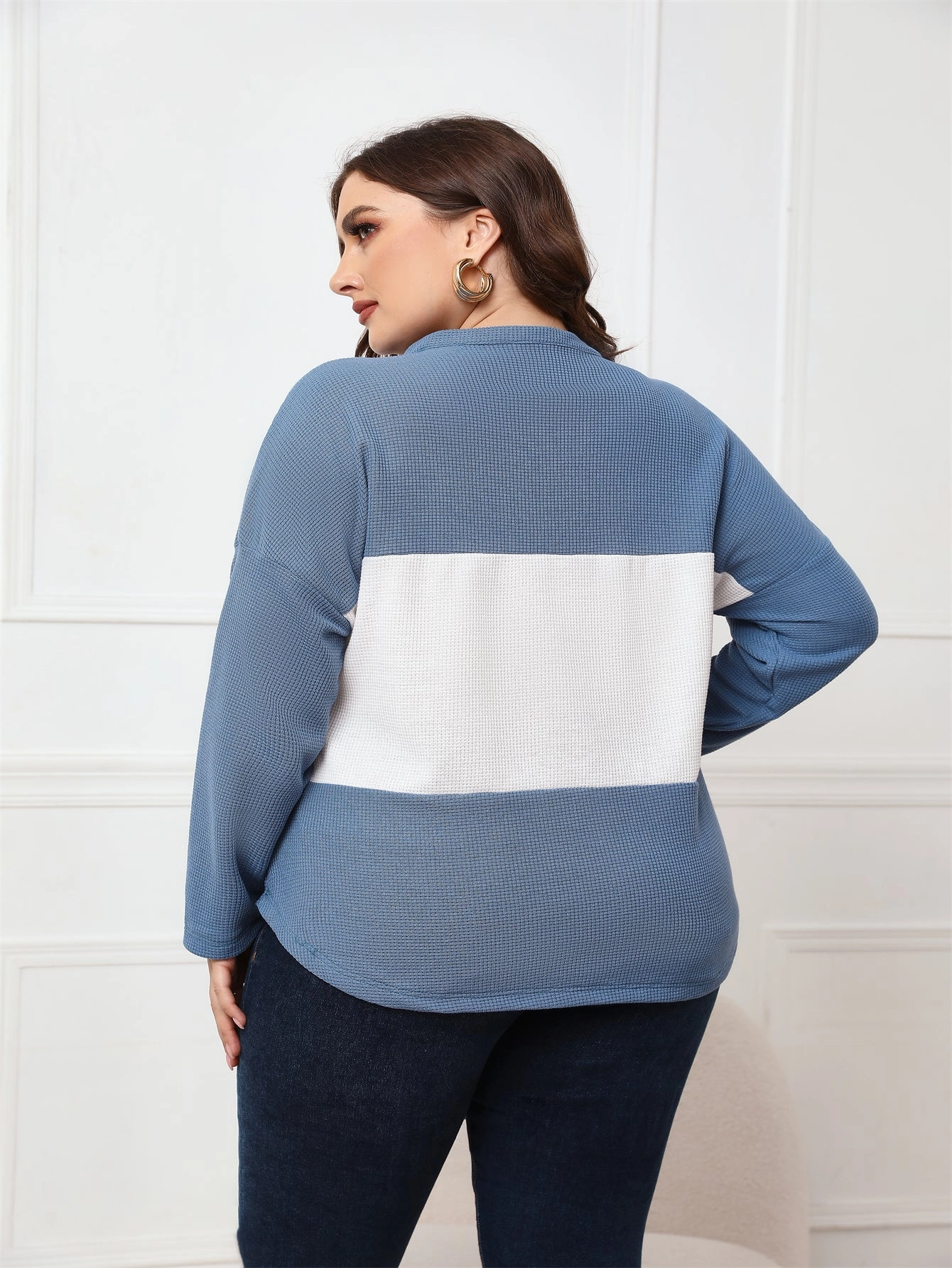 KittenAlarm - Plus Size Tops Long Sleeve V Neck Waffle Knit Tunic Blouse Tie Front Button Up T Shirts