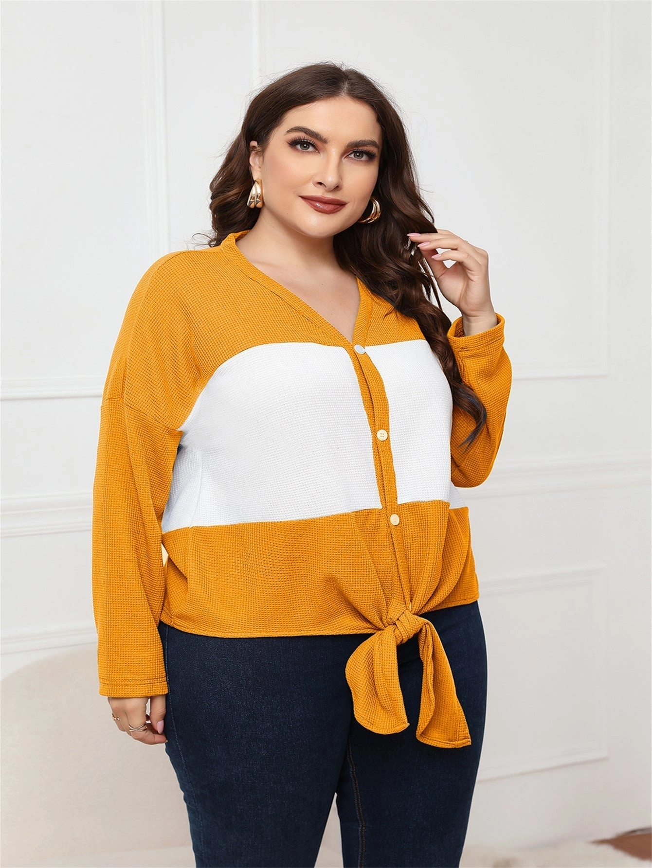 KittenAlarm - Plus Size Tops Long Sleeve V Neck Waffle Knit Tunic Blouse Tie Front Button Up T Shirts