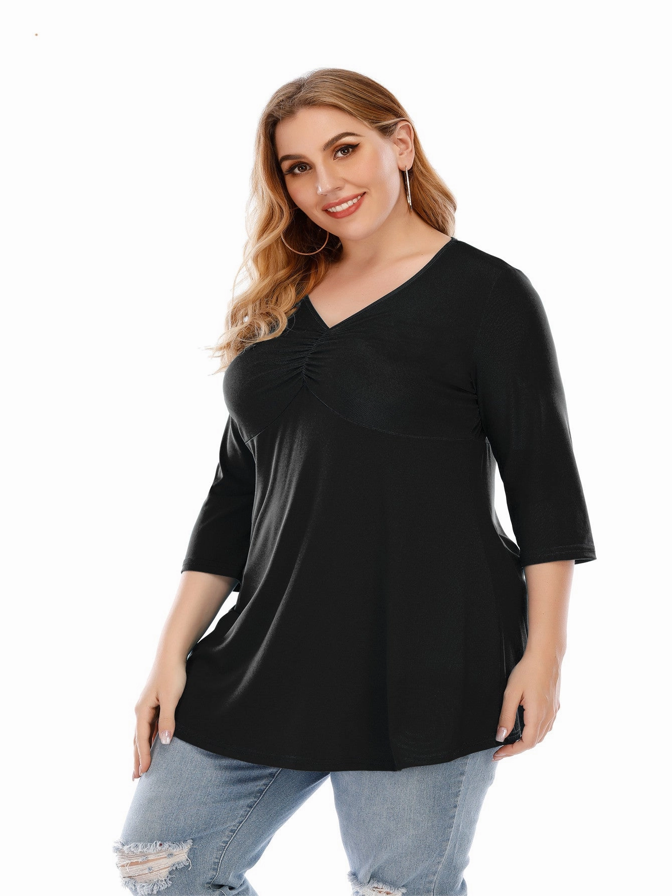 KittenAlarm - Plus size V neck 3/4 Sleeve Black Blouse Top for Women