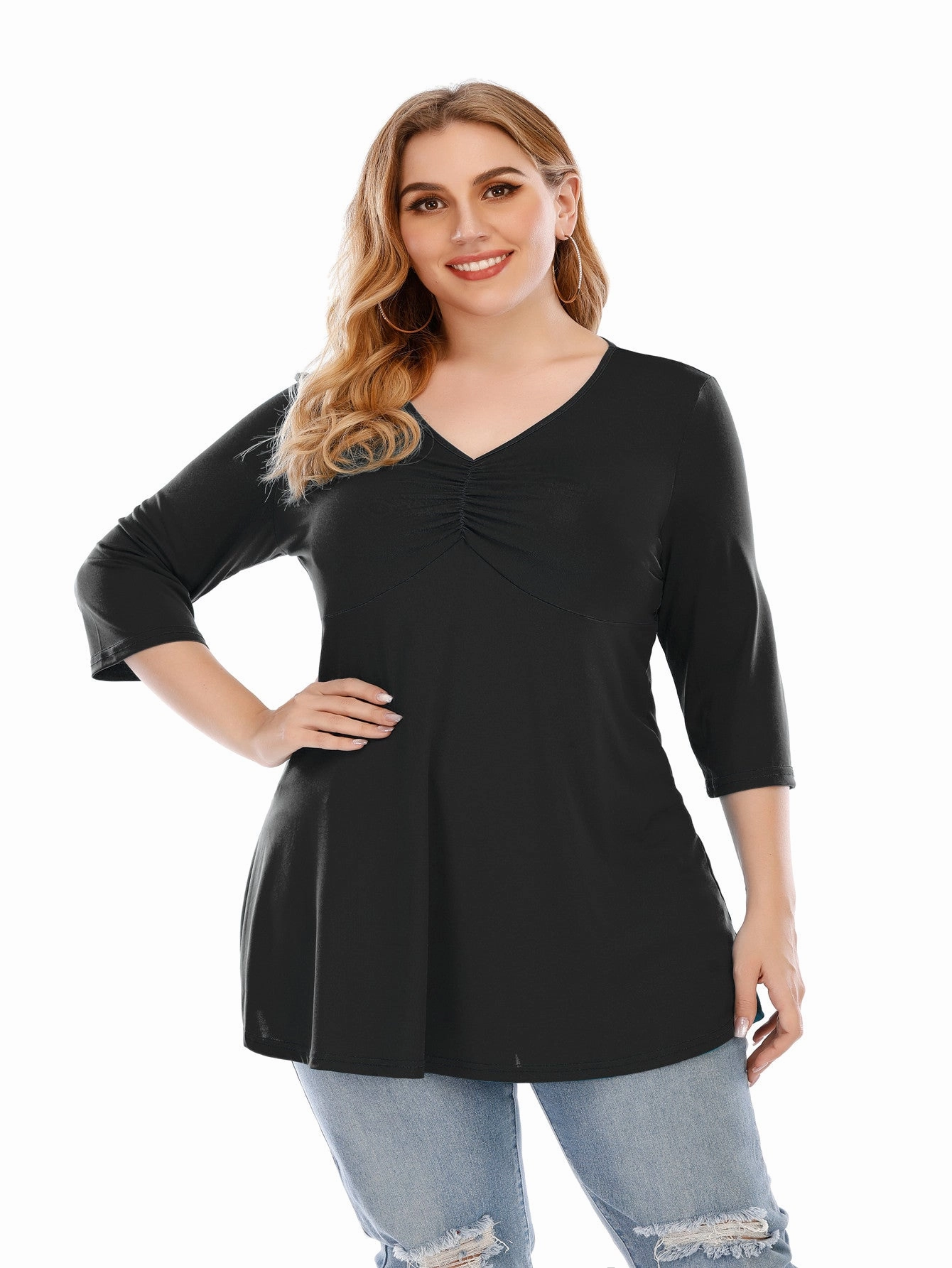 KittenAlarm - Plus size V neck 3/4 Sleeve Black Blouse Top for Women