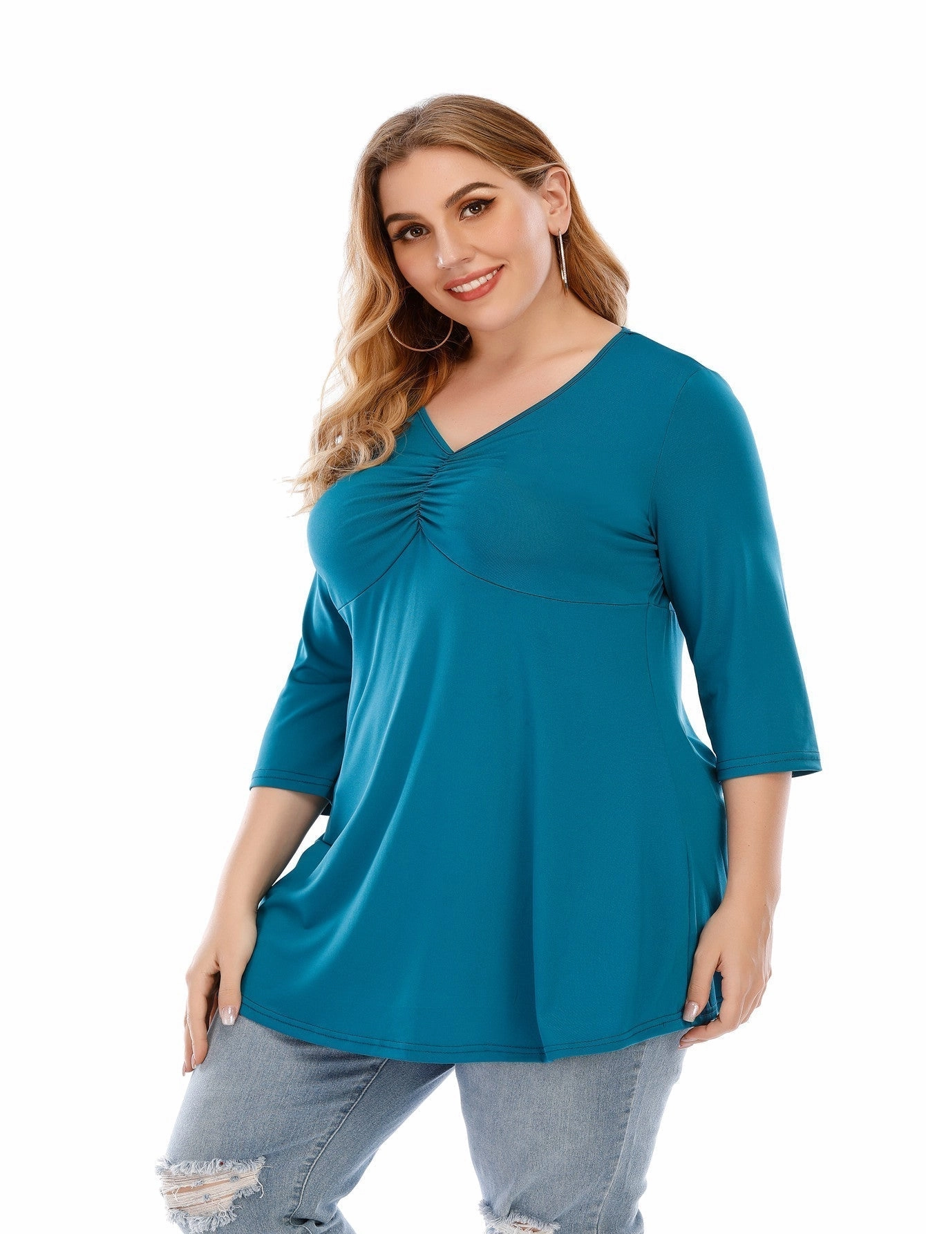 KittenAlarm - Plus size V neck 3/4 Sleeve Black Blouse Top for Women