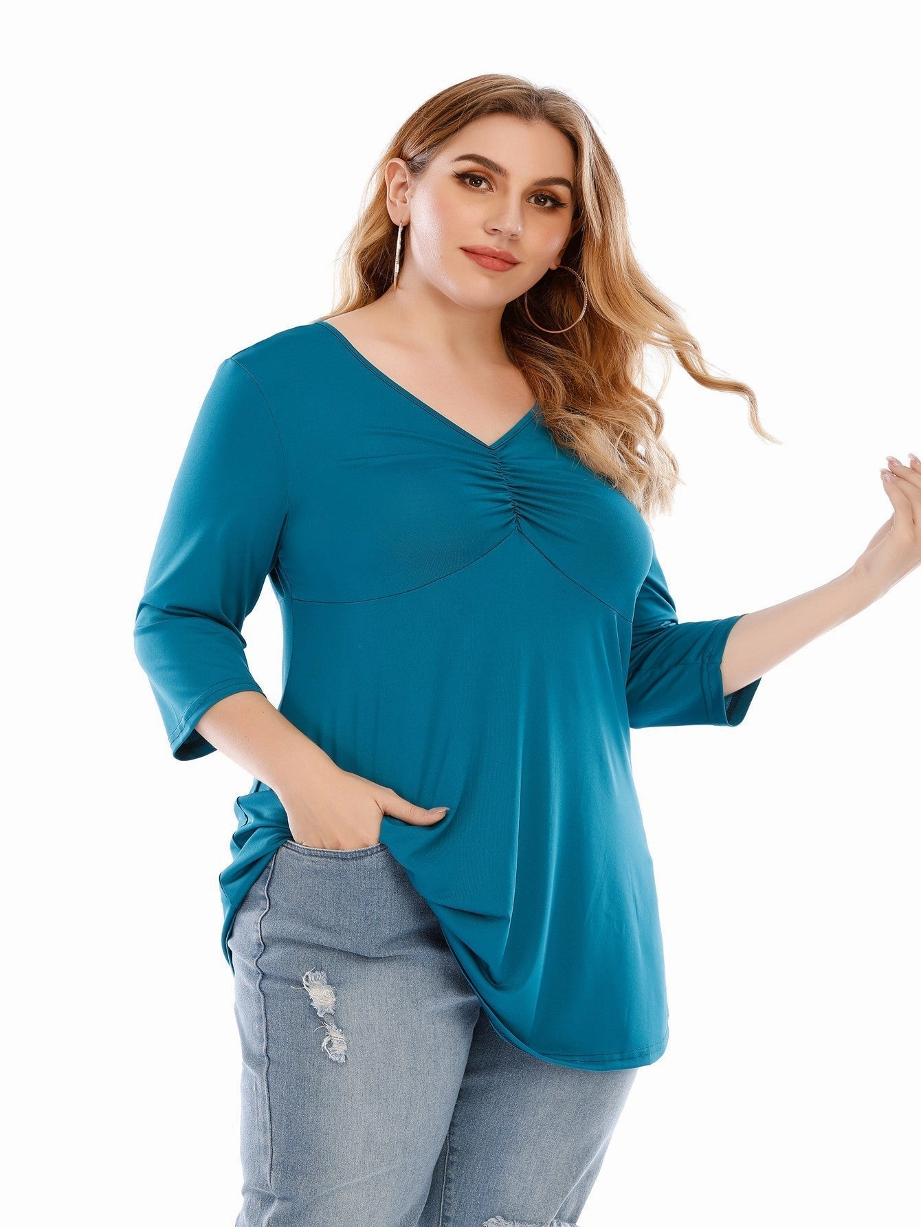 KittenAlarm - Plus size V neck 3/4 Sleeve Black Blouse Top for Women