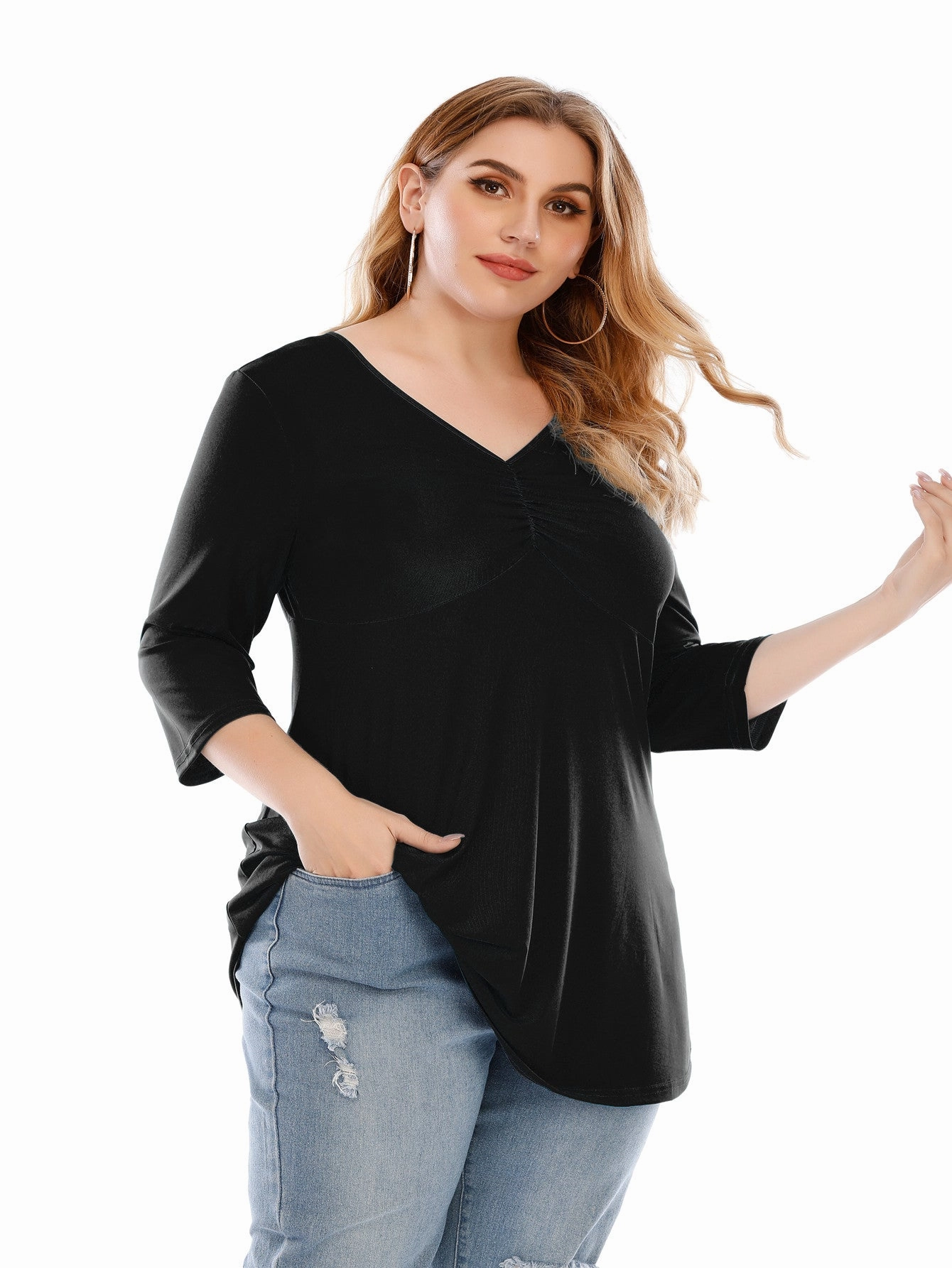 KittenAlarm - Plus size V neck 3/4 Sleeve Black Blouse Top for Women