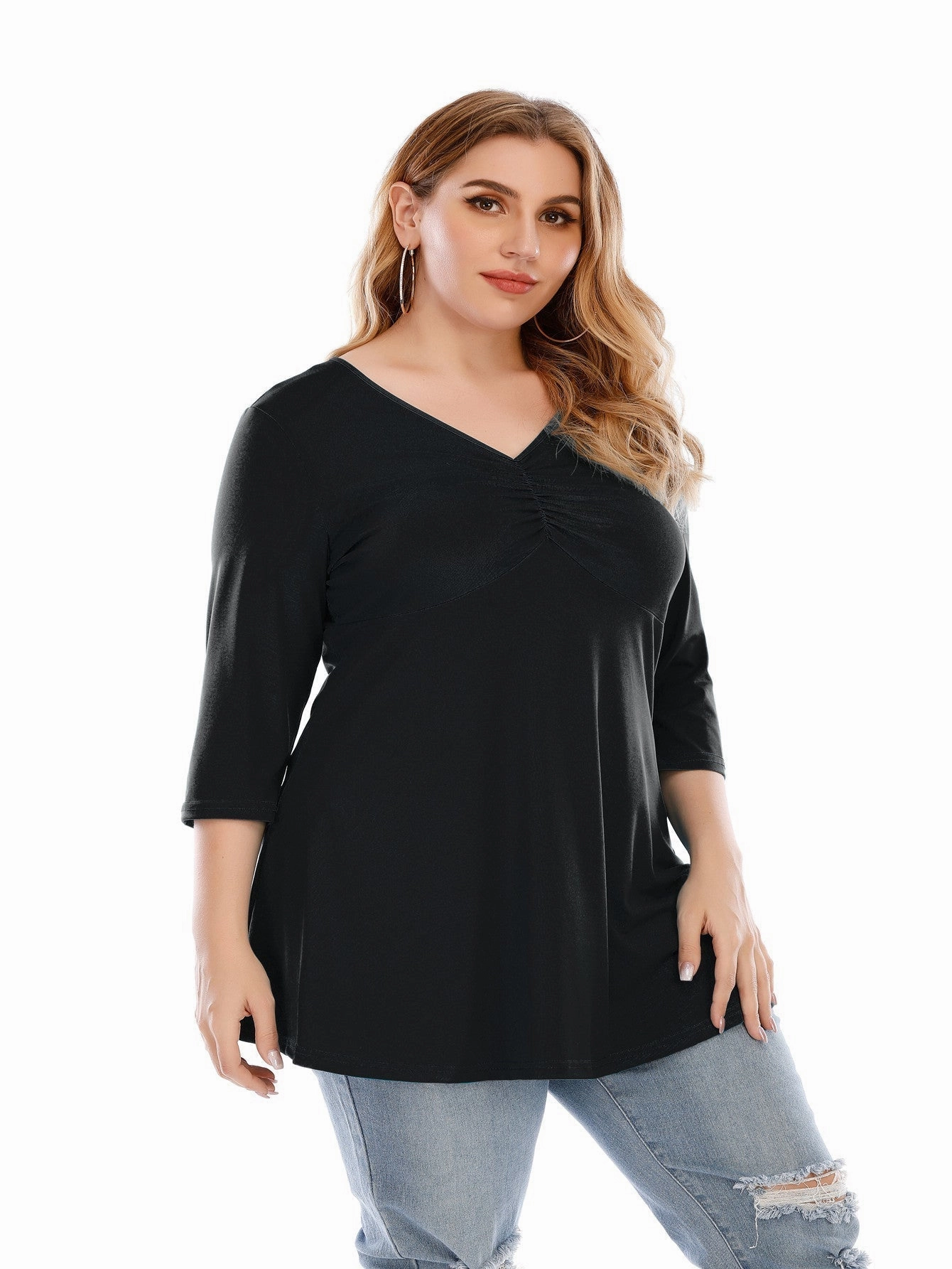 KittenAlarm - Plus size V neck 3/4 Sleeve Black Blouse Top for Women
