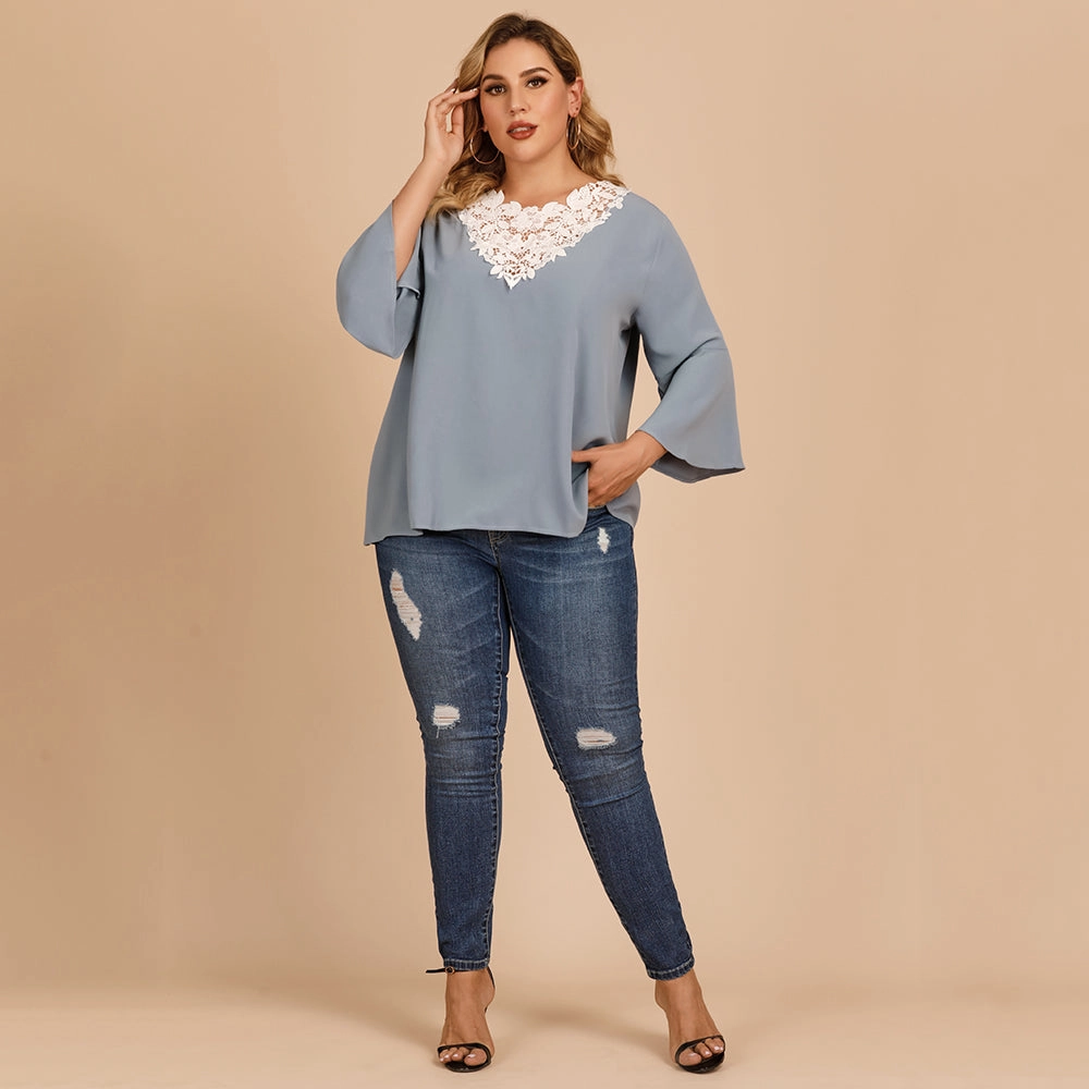 KittenAlarm - Plus size women's blouse with flared sleeves and lace crochet stitching V-neck in solid color shirt