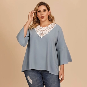 KittenAlarm - Plus size women's blouse with flared sleeves and lace crochet stitching V-neck in solid color shirt