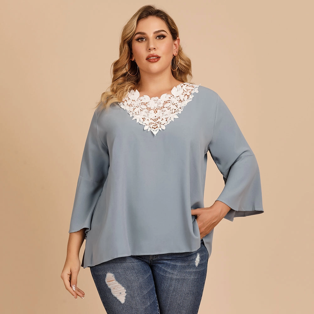 KittenAlarm - Plus size women's blouse with flared sleeves and lace crochet stitching V-neck in solid color shirt