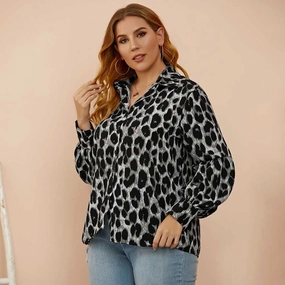 KittenAlarm - Plus size women's loose - fitting leopard-print slim lantern sleeves shirt