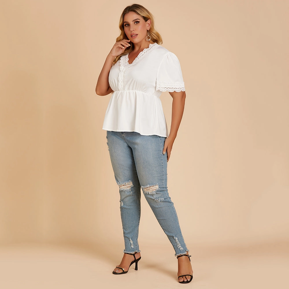 KittenAlarm - Plus size women's T-shirt lace stitching V-neck blouse with short sleeves