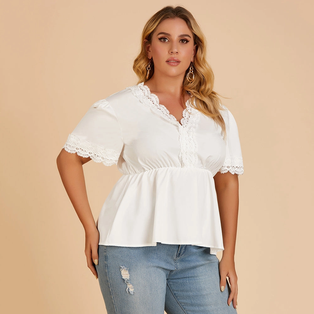 KittenAlarm - Plus size women's T-shirt lace stitching V-neck blouse with short sleeves