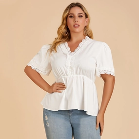 KittenAlarm - Plus size women's T-shirt lace stitching V-neck blouse with short sleeves