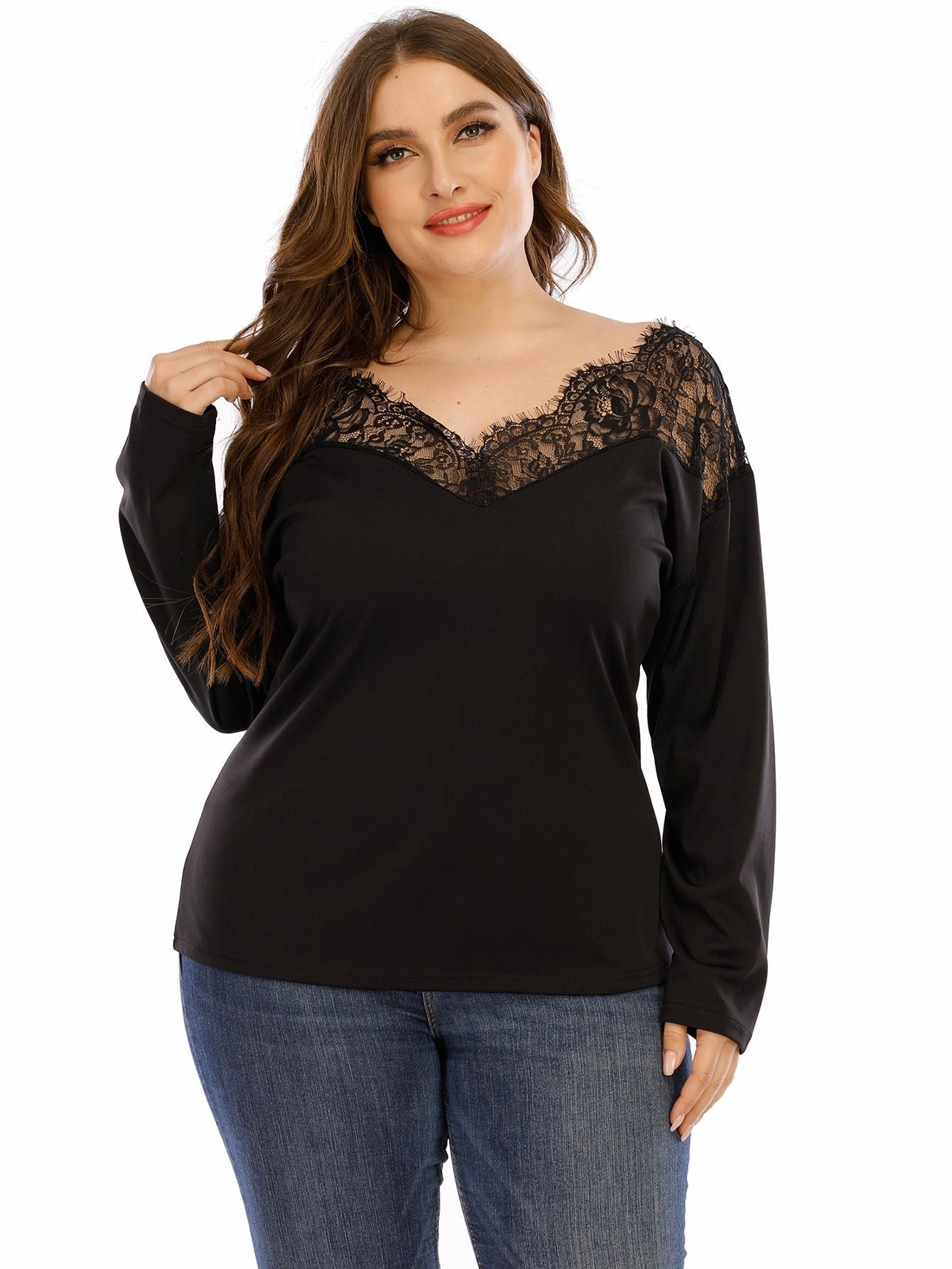 KittenAlarm - Plus Sweetheart Neck Contrast Guipure Lace Tee