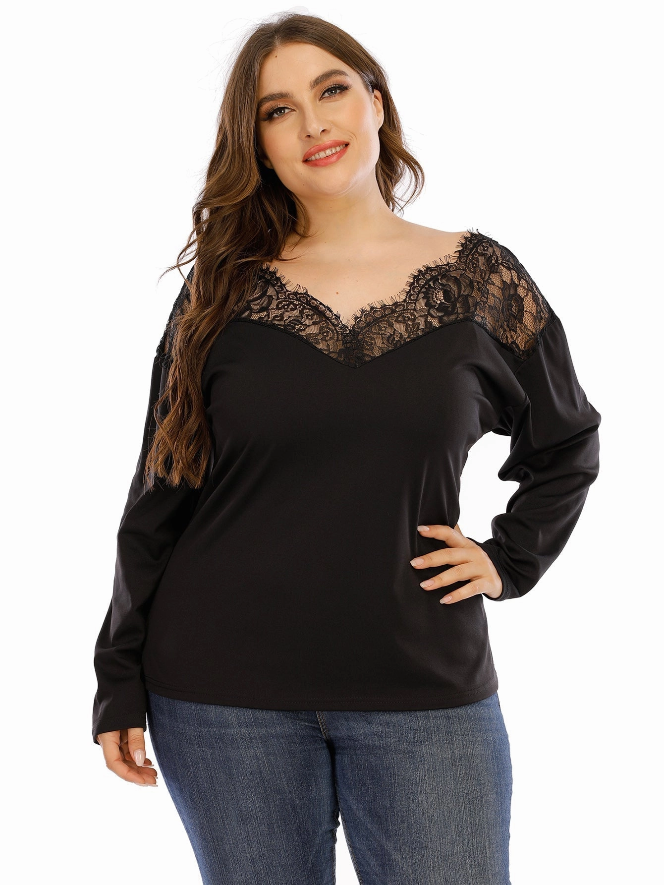 KittenAlarm - Plus Sweetheart Neck Contrast Guipure Lace Tee