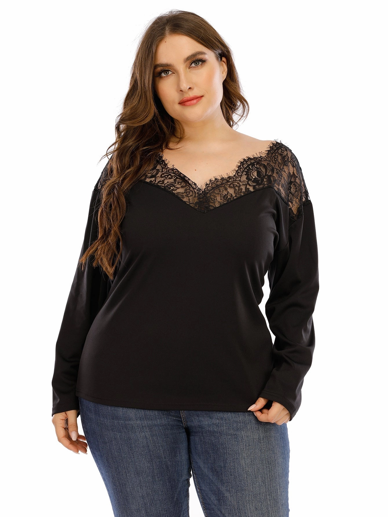 KittenAlarm - Plus Sweetheart Neck Contrast Guipure Lace Tee