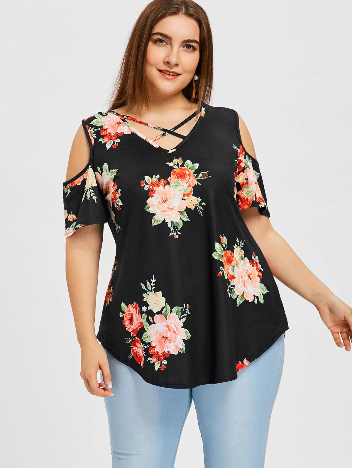 KittenAlarm - Plus v neck Cold Shoulder large floral plant print short sleeve tee top