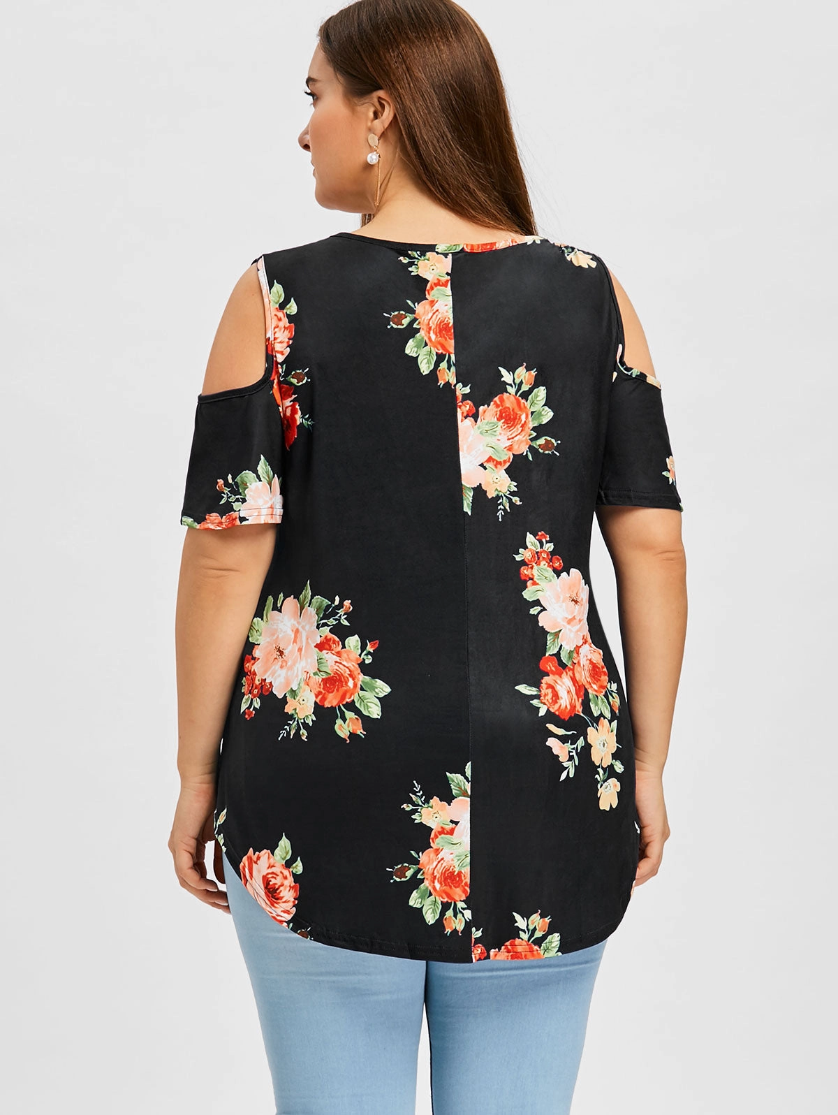 KittenAlarm - Plus v neck Cold Shoulder large floral plant print short sleeve tee top
