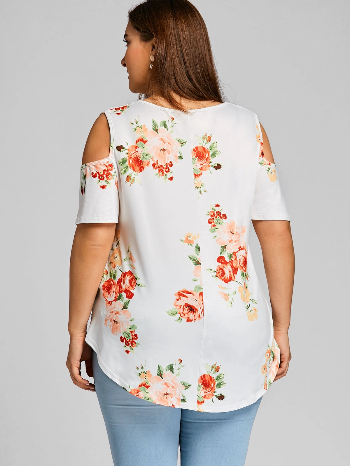 KittenAlarm - Plus v neck Cold Shoulder large floral plant print short sleeve tee top