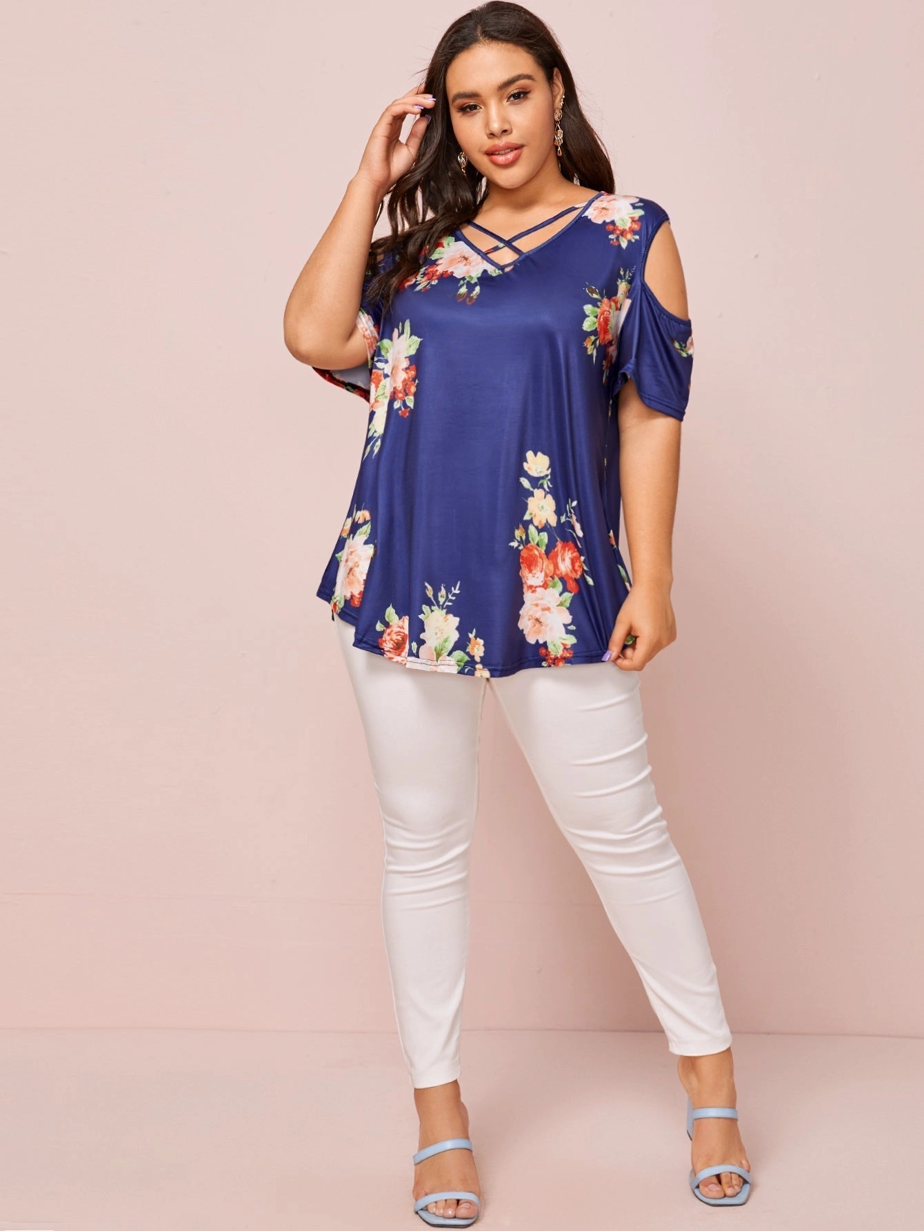 KittenAlarm - Plus v neck Cold Shoulder large floral plant print short sleeve tee top