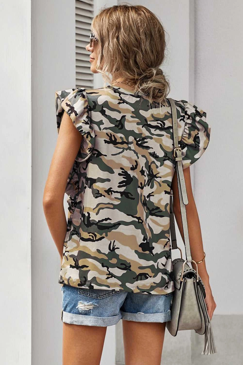 KittenAlarm - Print Ruffled Cap Sleeve T-shirt With Pocket