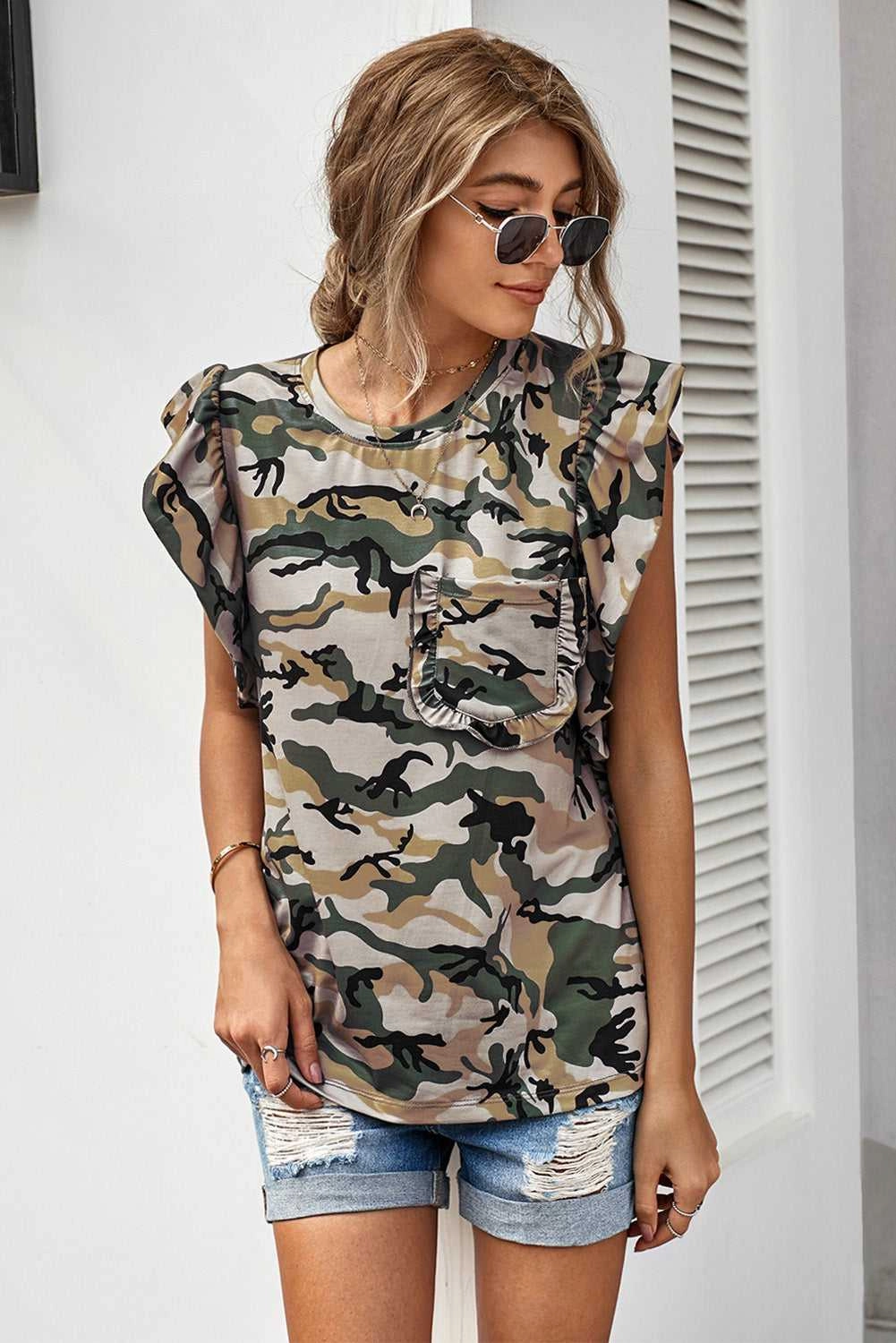 KittenAlarm - Print Ruffled Cap Sleeve T-shirt With Pocket