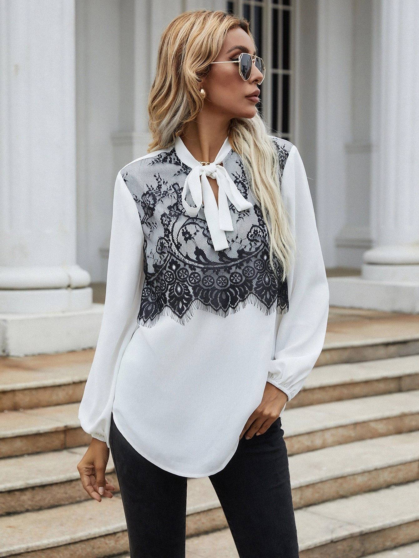 KittenAlarm - Puff sleeve top black lace stitching bow tie long-sleeved shirt