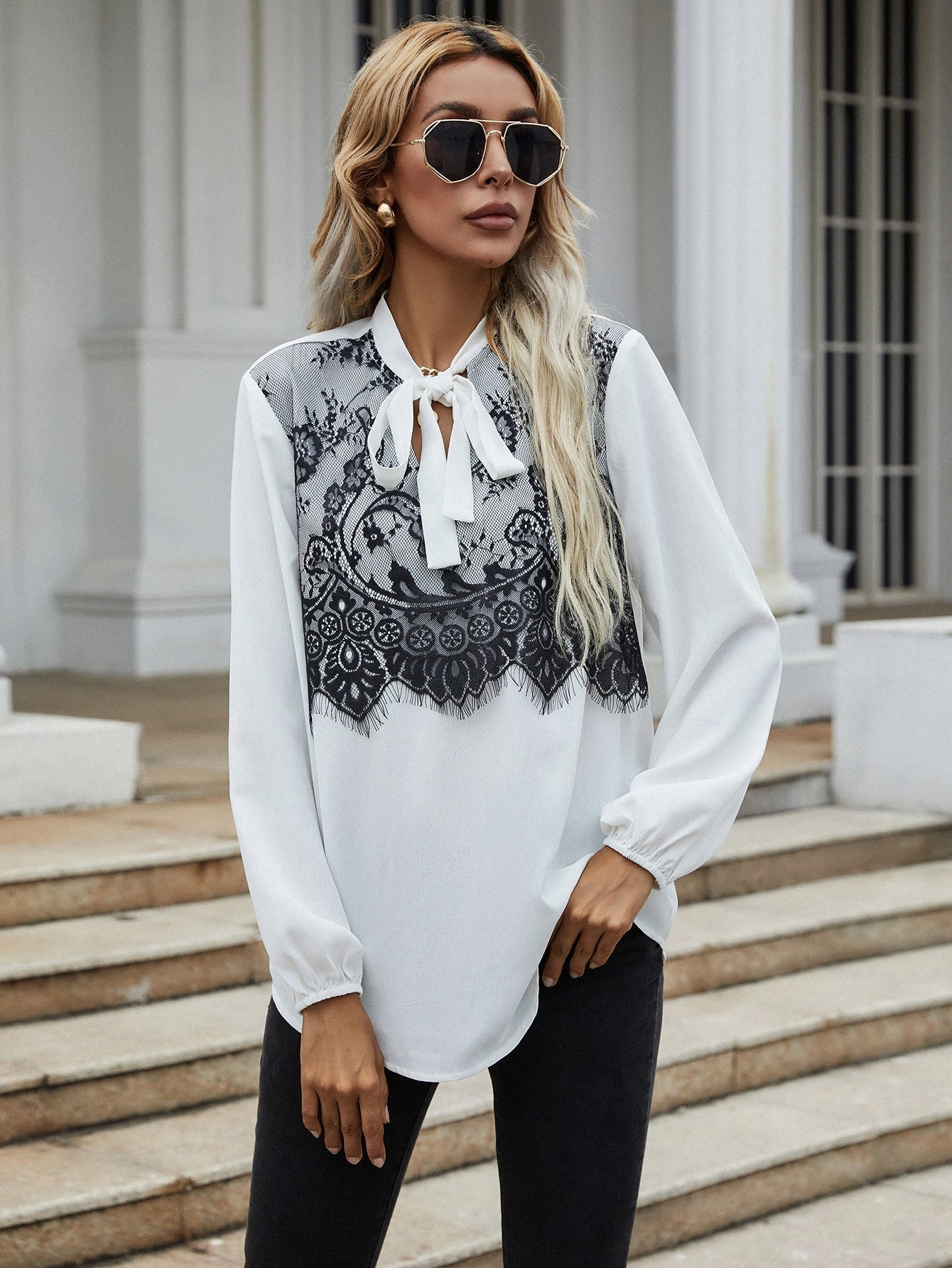KittenAlarm - Puff sleeve top black lace stitching bow tie long-sleeved shirt