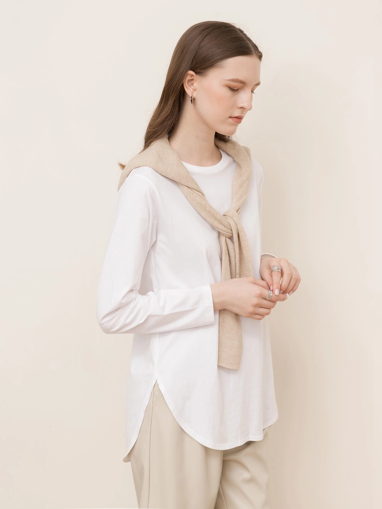 KittenAlarm - Pure Cotton Slit Round Neck Loose Long Sleeve T-Shirt Sweatshirt