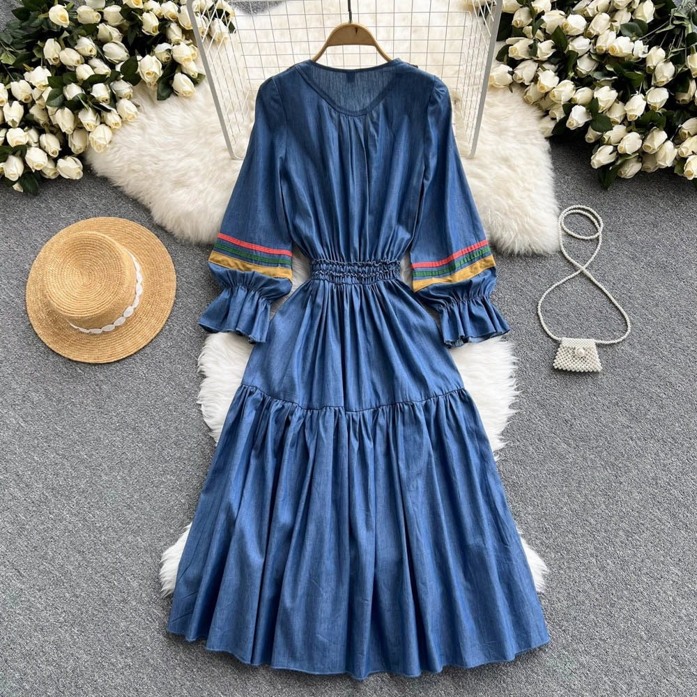 KittenAlarm - Quality Embroidered Denim Dress 2024 Summer Autumn National Korean Pleated A Line Long Sleeve Cowboy Dress Women Jeans Dress