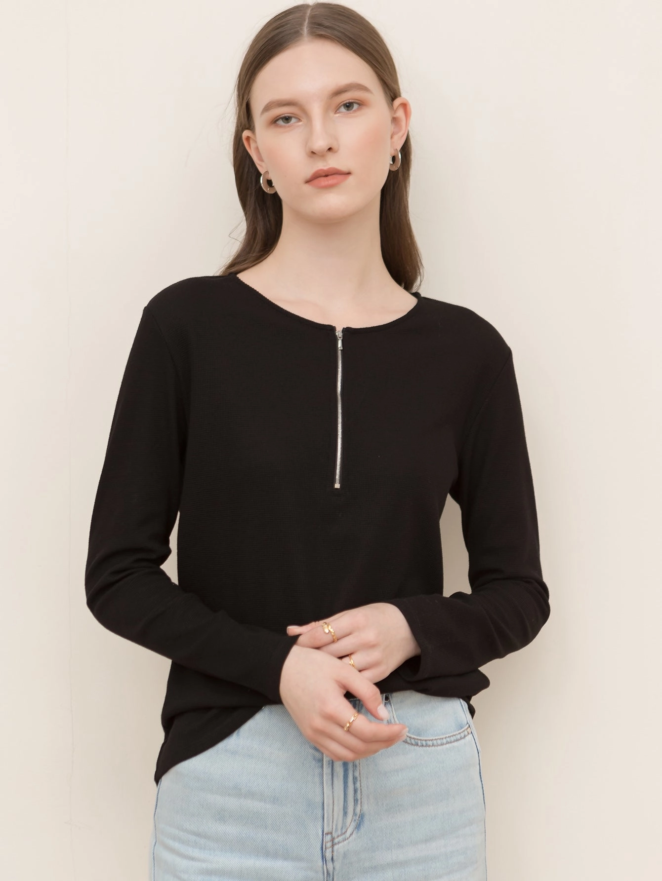 KittenAlarm - Round neck zipper solid color long-sleeved loose crop top