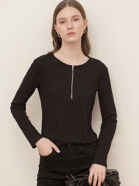 KittenAlarm - Round neck zipper solid color long-sleeved loose crop top