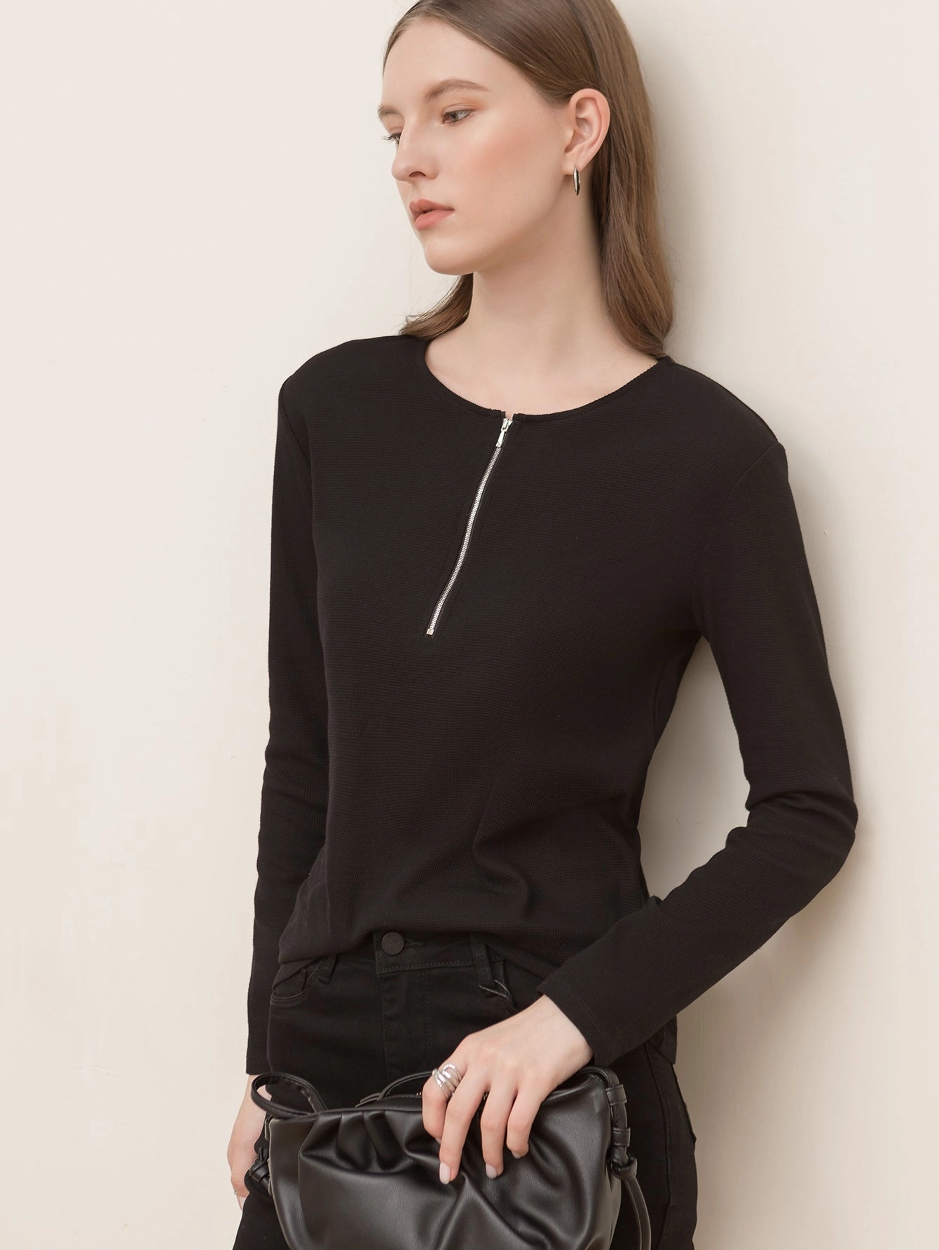 KittenAlarm - Round neck zipper solid color long-sleeved loose crop top