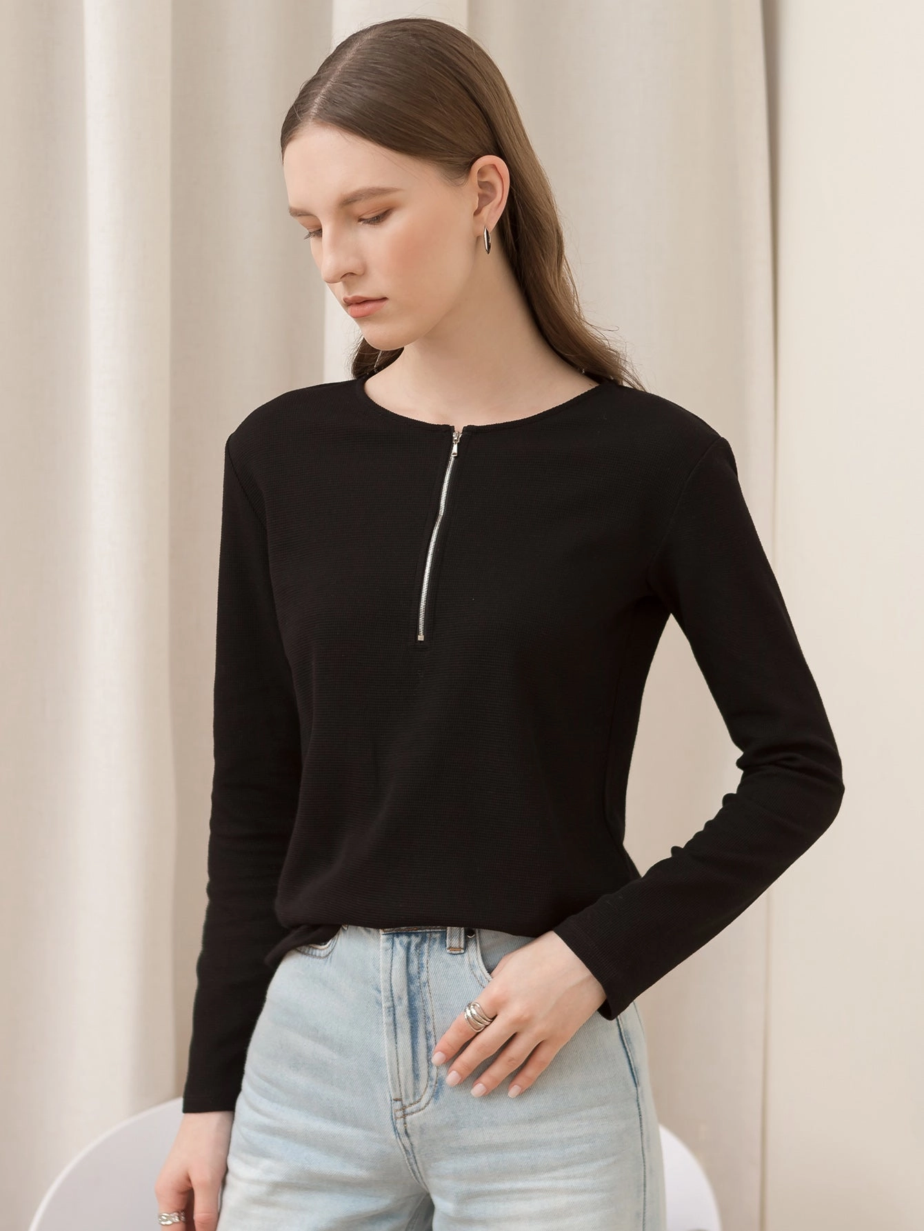 KittenAlarm - Round neck zipper solid color long-sleeved loose crop top