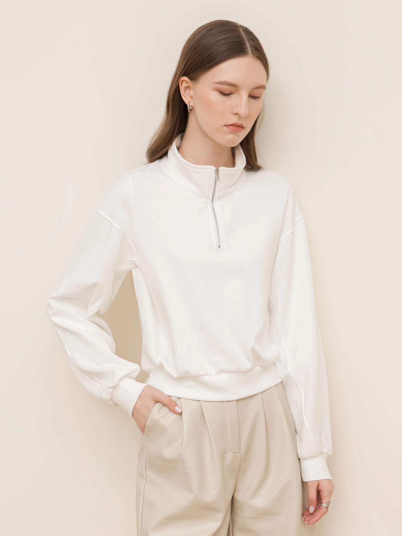 KittenAlarm - Solid color loose long-sleeved zipper sweater