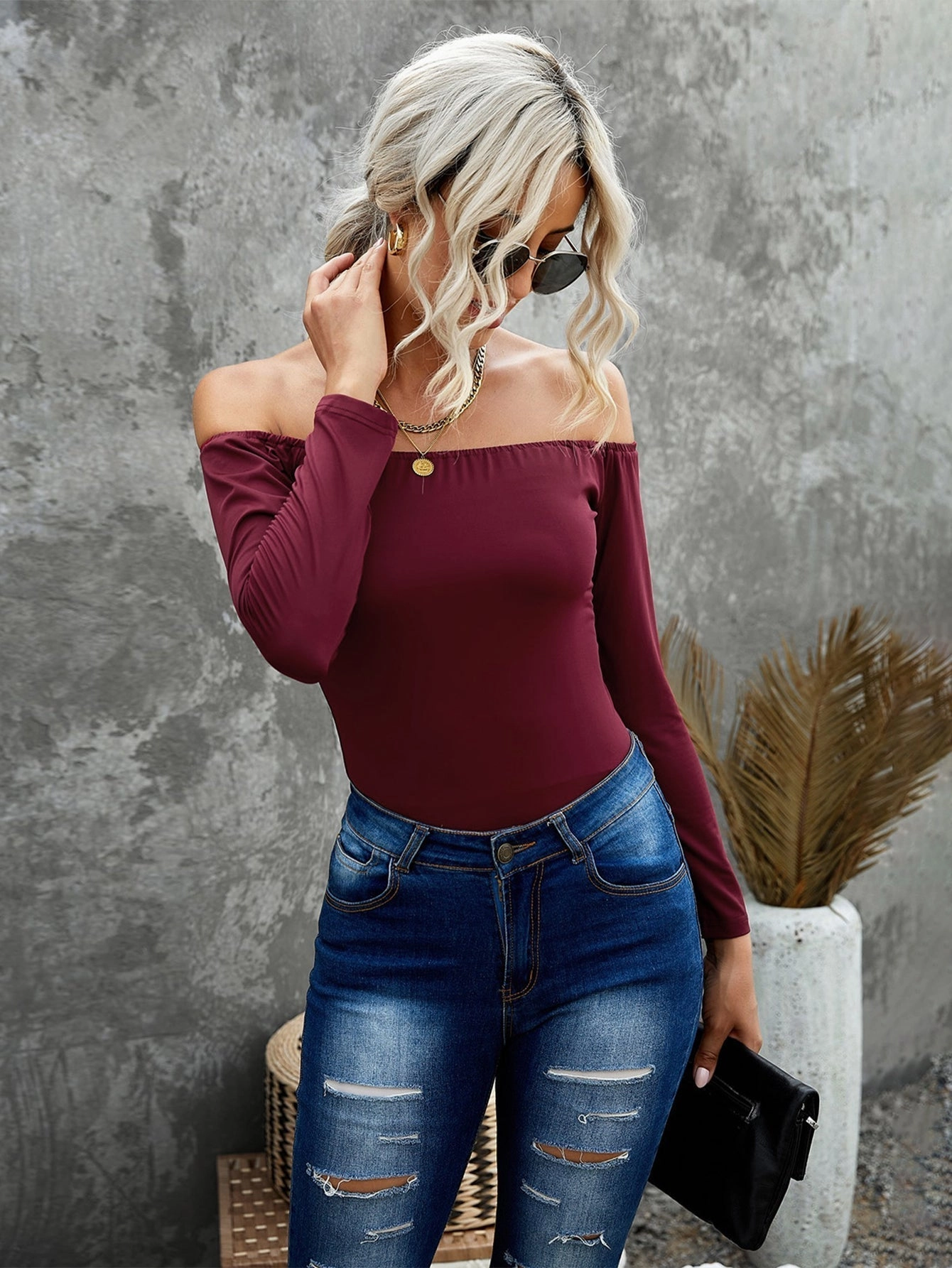 KittenAlarm - Solid Color Off Shoulder Slim Fit Long Sleeve Top