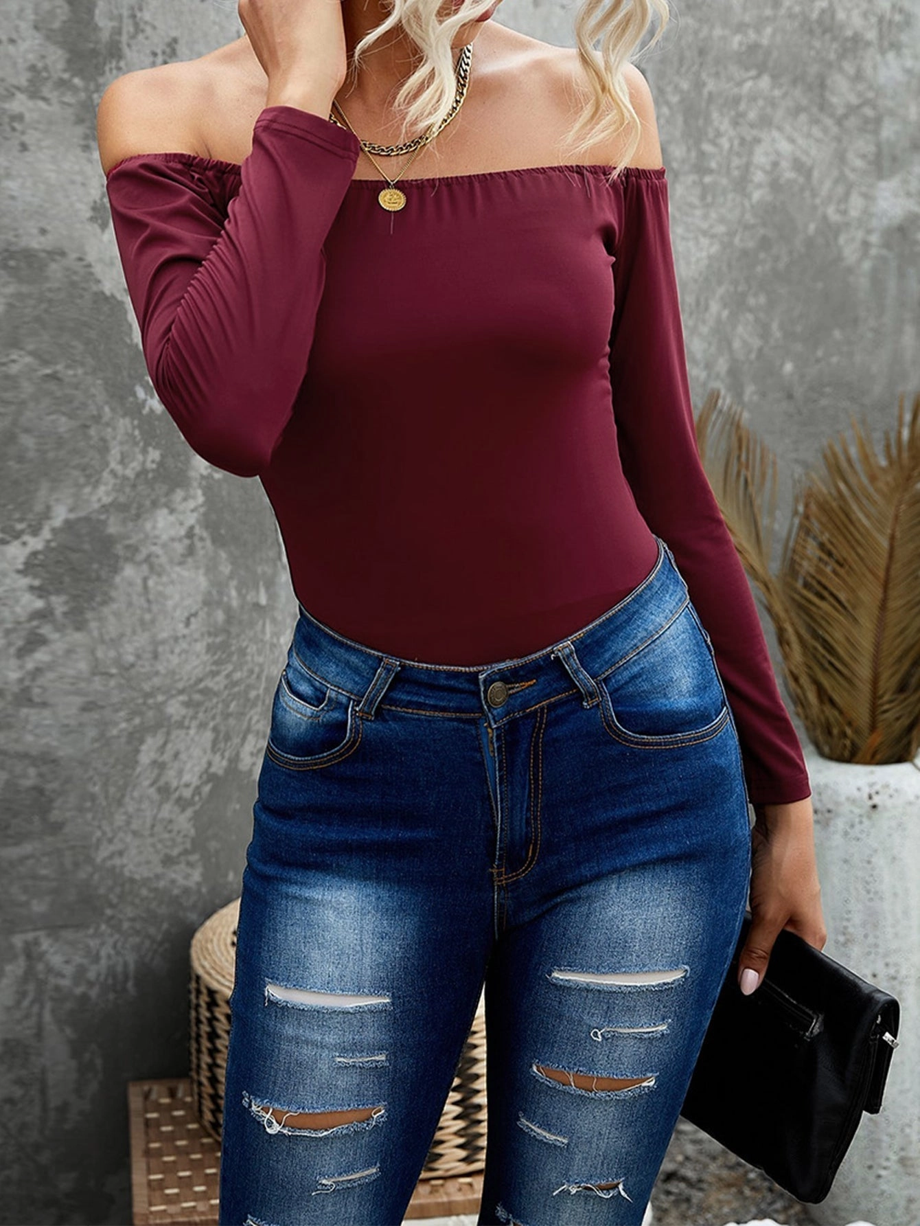 KittenAlarm - Solid Color Off Shoulder Slim Fit Long Sleeve Top