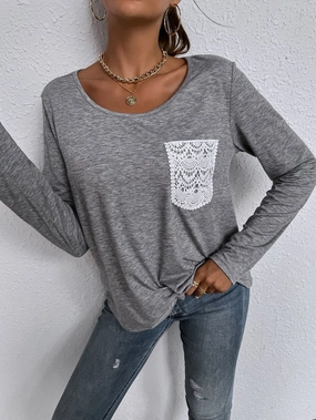 KittenAlarm - Solid Color Round Neck Lace Pocket T-shirt