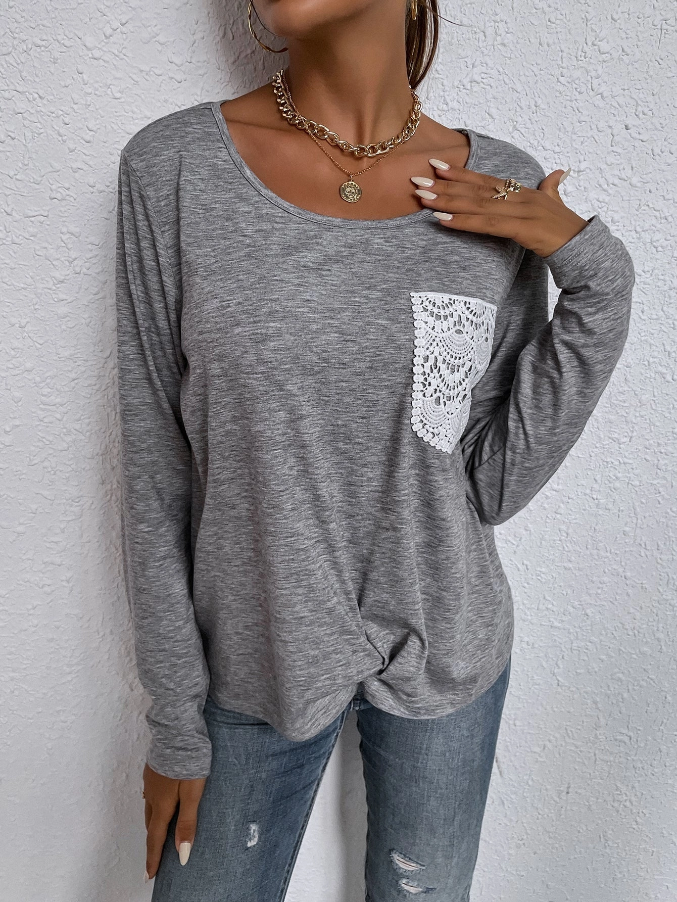 KittenAlarm - Solid Color Round Neck Lace Pocket T-shirt