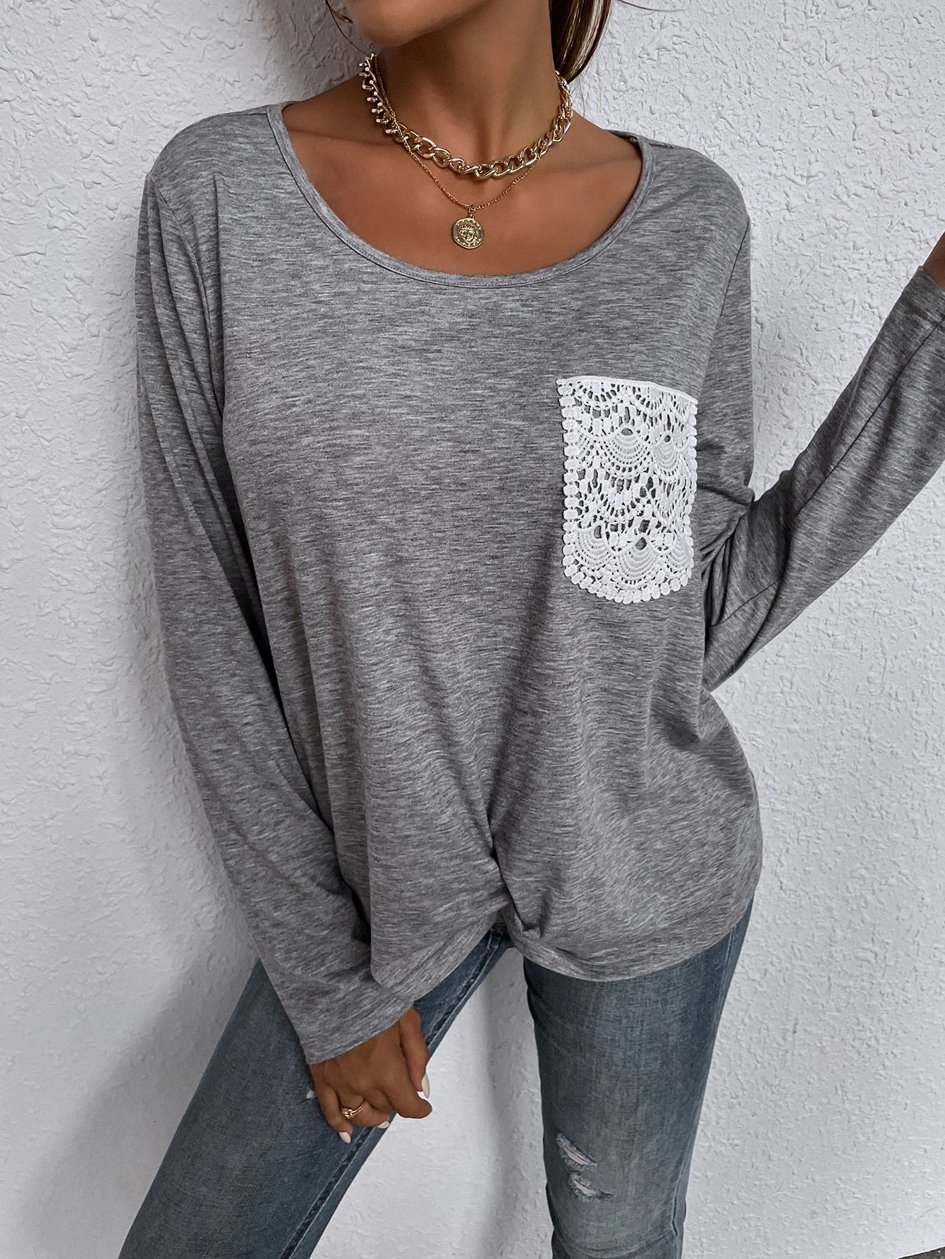 KittenAlarm - Solid Color Round Neck Lace Pocket T-shirt