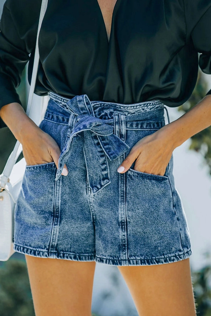 KittenAlarm - Solid Pocket With Belt High Waist Denim Shorts